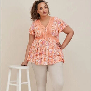 TORRID Orange Pink Boho Floral Blouse Angelcore Cottagecore 4X Plus